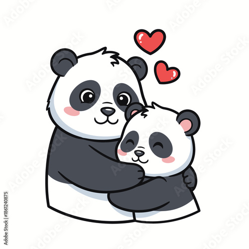 Adorable panda parents hugging their cute baby with love hearts