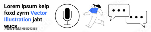 Communication tools, media content creation, social interaction, podcasting, messaging, voice recognition. Microphone, speech bubbles and a walking person. Communication tools and media content