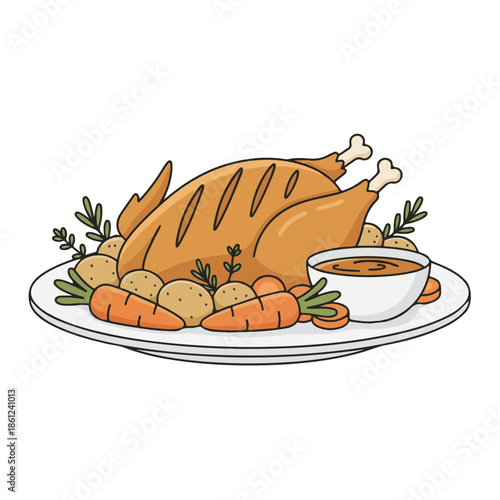 Roasted turkey with vegetables and gravy on white platter for traditional Thanksgiving dinner feast illustration vector
