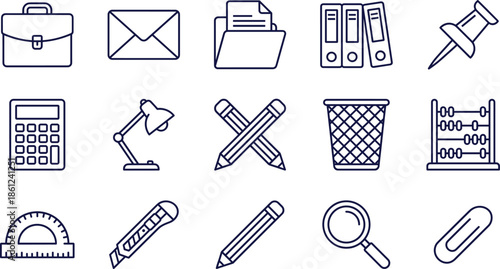 Blue Line Icons Set of Office Stationery, School Supplies, Briefcase, Calculator, Desk Lamp, Envelopes, Pencils, Magnifying Glass, and Administrative Tools