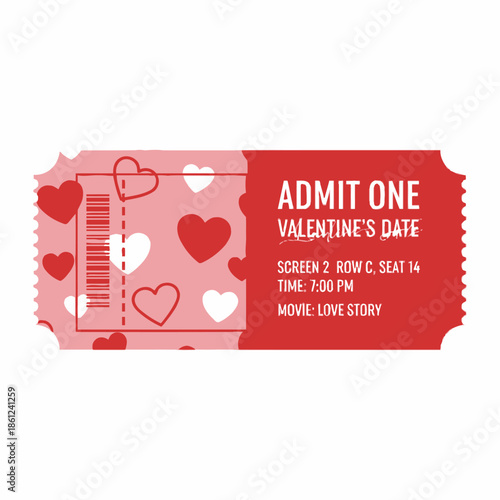 Valentine's Day movie ticket with hearts and barcode