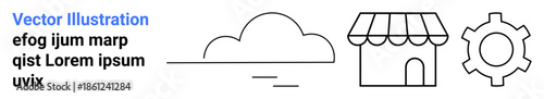 Cloud, storefront, and gear outline conveying cloud services, online business, technology. Ideal for e-commerce, cloud computing, innovation, technical solutions business growth automation simple