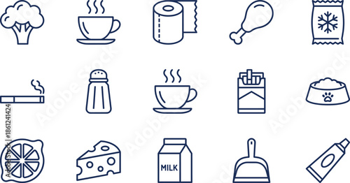 Blue Line Icons Set of Grocery Items, Food, Vegetables, Coffee, Toilet Paper, Dairy, Pet Care, Cleaning Tools, and Household Essentials