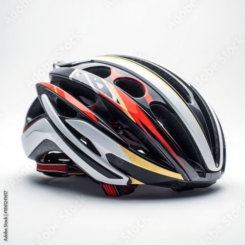 Modern sport bicycle helmet with colorful graphic design and carbon texture