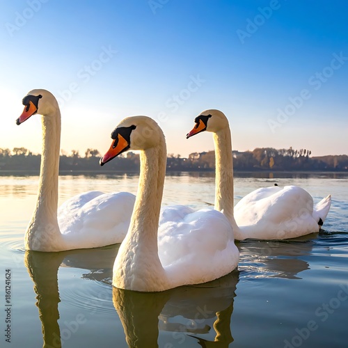 Three white swans glide on water, reflecting blue sky, near the shoreline in warm, soft, golden light