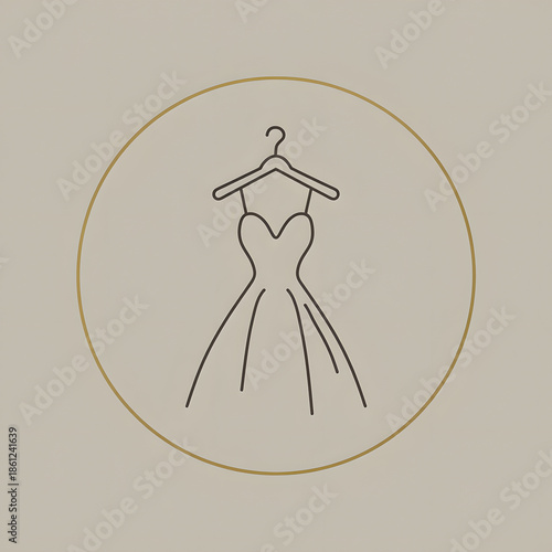 Line-art dress icon with a hanger in a circular frame

