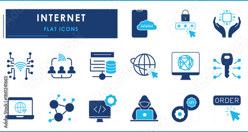 A set of flat icons related to Internet. Wireless, shopping, hacker, network, server, programming, worldwide, and so on.