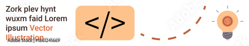 Innovation, programming, web development, coding, idea creation, technology. Coding symbol with a light bulb connected by a dotted line. Innovation and programming concepts