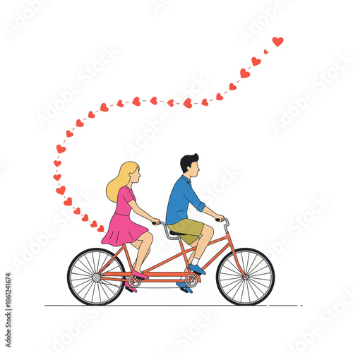 Couple riding tandem bike with hearts trailing behind them
