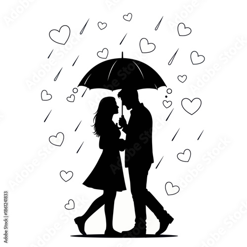 Romantic couple sharing kiss under umbrella on rainy day with hearts