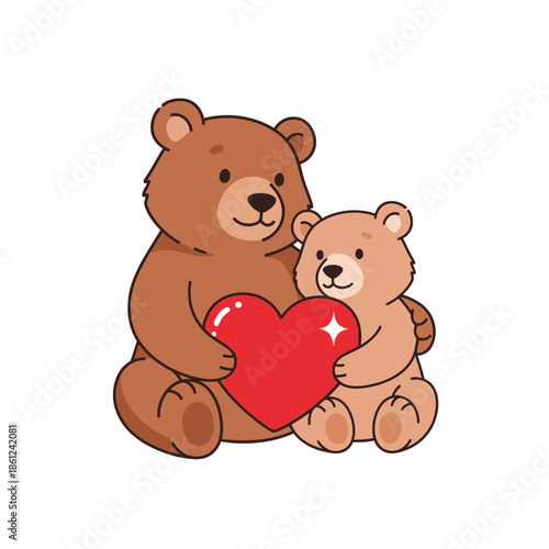 Cute brown bears holding red heart together