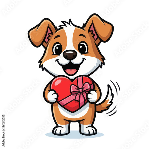Corgi dog holding heart shaped gift for Valentine's Day