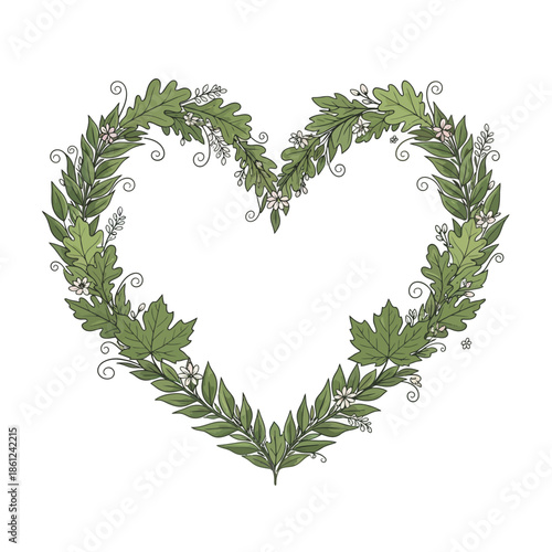 Heart shaped wreath made of green leaves and flowers