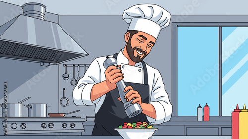 Chef preparing food in kitchen, professional culinary vector illustration