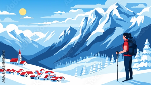 Winter mountain village vector illustration with a hiker standing on a snowy path looking at the landscape