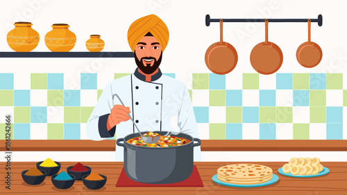 Indian chef vector illustration of man cooking food in kitchen with spices and naan bread