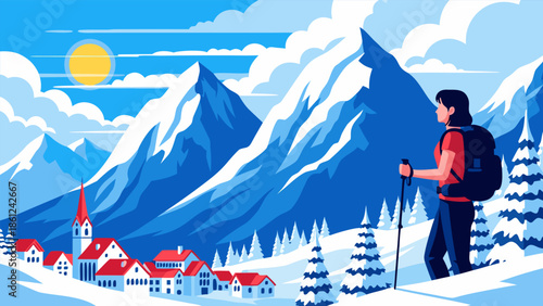 Vibrant vector illustration of a hiker enjoying a snow-covered mountain landscape with a charming village and bright sun