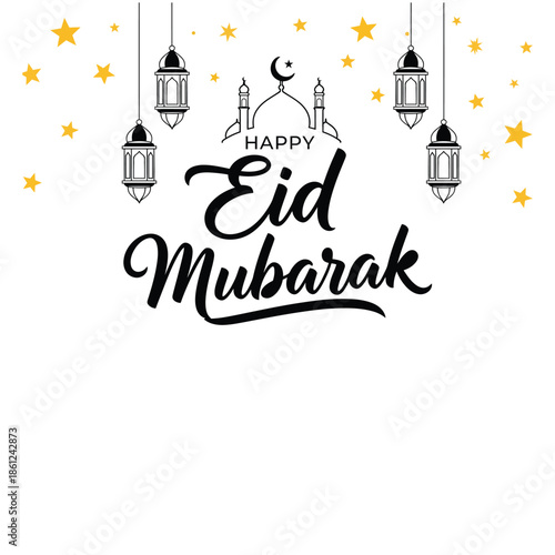 Elegant Happy Eid Mubarak Calligraphy Design with Mosque Silhouette, Hanging Lanterns, and Stars for Islamic Celebration Greeting Card