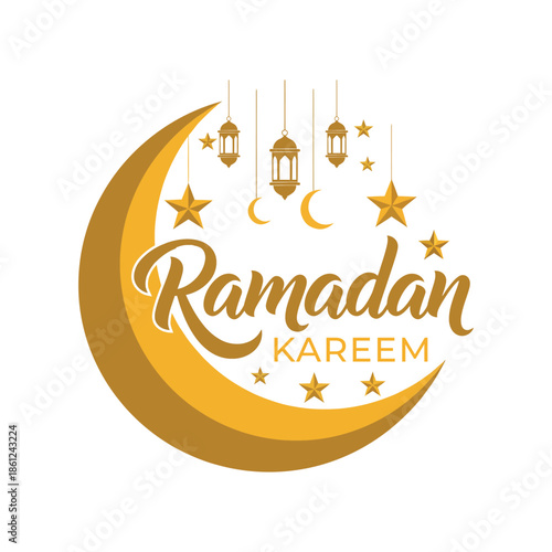 Elegant Golden Crescent Moon and Stars with Festive Lanterns - A Beautiful Vector Illustration for Ramadan Kareem Greetings and Islamic Celebrations