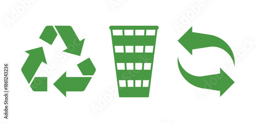 Recycle icon set. trash can ecology, eco-friendly, and environmental management symbols. Arrows, garbage, and recycling eco green symbol.