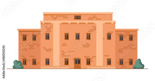 Old bank building made from bricks, isolated masonry construction with small windows and wooden door. Vector facade of state institution or public establishment with decorative bushes