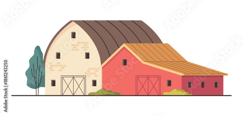 Barn with outbuilding, rural brick buildings with windows and closed door. Vector structures for storing gardening tools, equipment and maintenance supplies. Livestock housing areas with hayloft