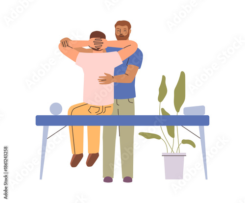 Patient physical therapy and recovery from trauma or injury. Vector isolated flat character and nurse, doctor giving massage or helping with movement, gaining mobility, training or exercising