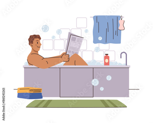 Relaxed man in cozy bath with foam bubbles reading newspaper. Vector male character with smiling facial expression bathing. Person enjoying time for herself by perusing gazette in soapy water