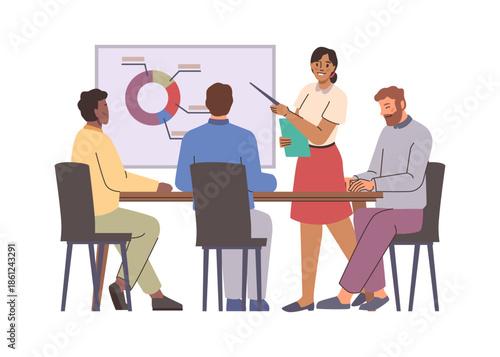 Woman standing near financial chart and showing presentation on meeting. Vector brainstorming, teamwork or consultation of specialist. Business training, discussion and brainstorming seminar