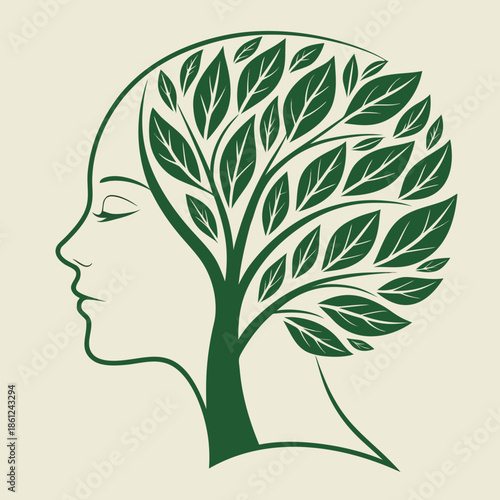Creative Study Logo with a Leaf Profile Forming a Human Mind Silhouette Symbolizing Organic Thought