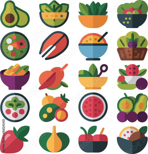 Vibrant Flat Fruit Icons Set - Colorful Vector Graphics for Food Blogs and Healthy Lifestyle Websites