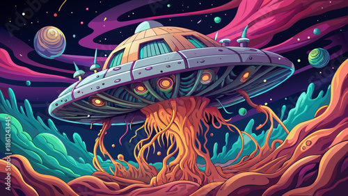 A living spaceship with organic surfaces and soft glowing veins, resembling a cosmic creature drifting through space, illustrated in detailed yet clean vector style.