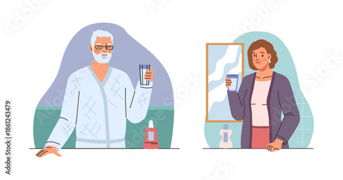 Old man and woman rinse with mouthwash in bathroom. Vector isolated cartoon characters monitoring oral hygiene. Dental procedures and everyday routine. Oral treatment and health care