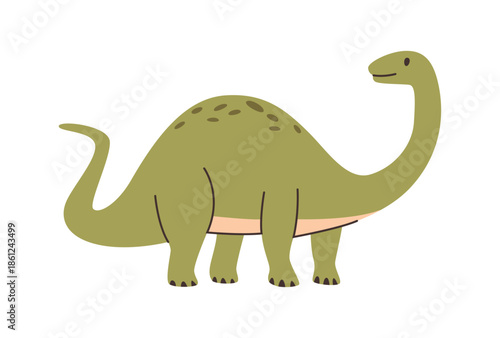 Dinosaur with long tail and neck. Vector isolated prehistoric animal from Jurassic period, old era wildlife and fauna personages. Extinction and evolution, huge green monster for game design