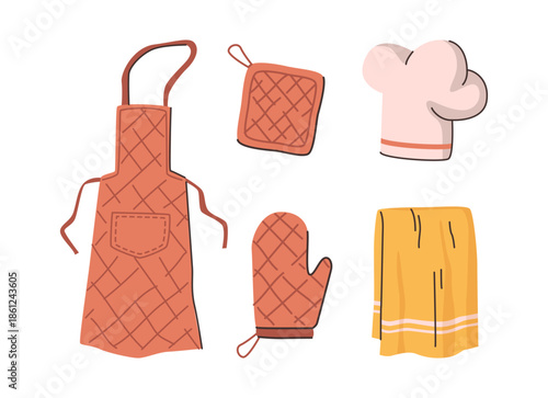 Chef elements, isolated towel, apron and glove, potholder and hat. Vector fabric based items used in kitchen for functional, protective and decorative purpose. Hygiene and safety while cooking