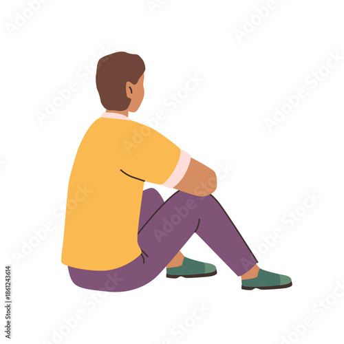 Rear view of female character sitting on floor. Vector isolated cartoon personage engaged in activity or lost in thought. Meetings and events on nature, summer cinema and leisure activity