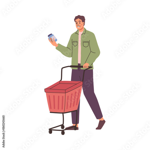 Shopping customer in grocery store choosing product. Vector in flat style, isolated man looking at jar with jam or produce. Home chores, buying food for dinner or lunch from supermarket
