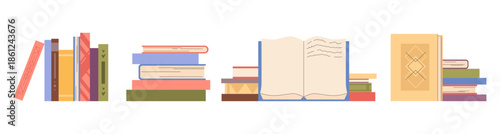 Pile of big books, education material for students. Vector isolated textbooks and notebooks, journals and publications with hand and soft covers. Special edition stack of encyclopedia literature