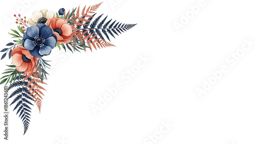 Soft minimal watercolor corner border with anemones and fern in navy and terracotta isolated on white background