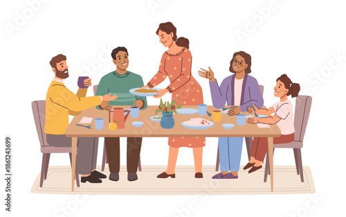 Happy family having dinner. Woman serves plate to man with delicious dish. Relatives spend time together in positive atmosphere. Strengthening relationships and relaxation. Festive evening meal