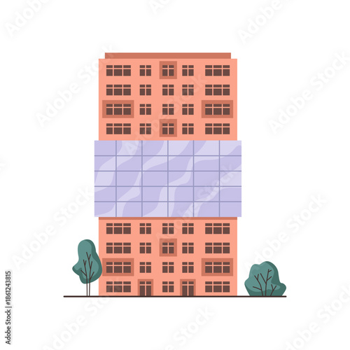 Apartment block and modern residential building design, isolated architecture building and homes for citizens. Vector dwellings and high rise accommodation for people from glass with greenery