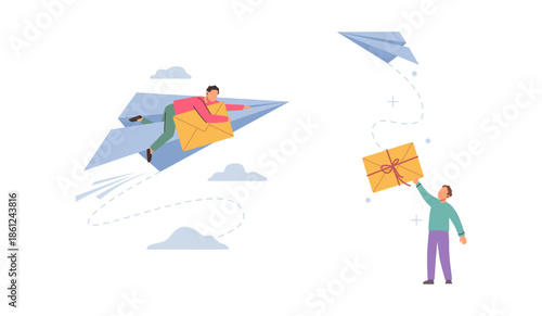 News subscription and following newsletters. Vector isolated people on paper plane receiving parcel. Message from company, promo or marketing proposal for clients, engagement with audience