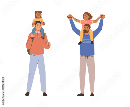 Dads holdings kids on shoulders, isolated daughters sitting on fathers necks. Vector daddy playing with toddler, fatherhood and childhood. Togetherness and love towards child, happy family