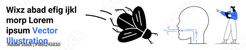 Insects in motion near human head, airflow representation, and a person pointing. Ideal for biology, communication, science, ecosystems, education, awareness campaigns and a simple landing page