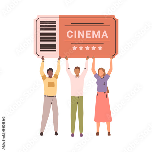 Entertainment activities and leisure, isolated small people holding big cinema ticket. Vector going out and vising exhibitions and places of interest. Paper with stars, admission and entrance