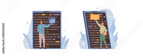 Small male characters working with big screen devices. Vector app and software development, technology and electronic appliance. Computer programmers, graphic and interface designers