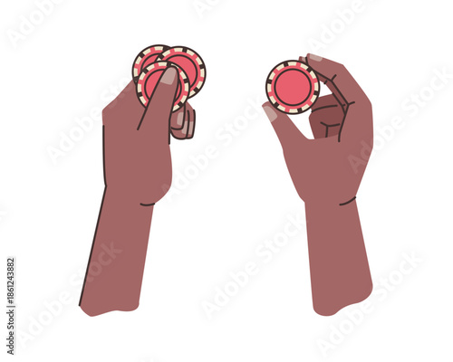 Games and entertainment, isolated cartoon hand holding casino chips. Vector playing and having fun, gambling and winning money. Leisure and hobbies or recreation at weekends, store assortment
