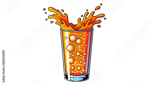 Orange drink splash in a glass with bubbles and energetic liquid eruption, refreshing beverage illustration