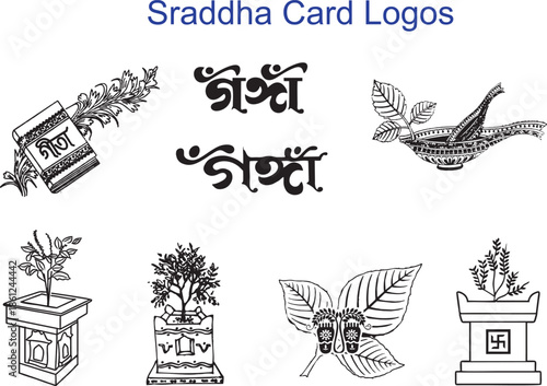 Hindu Shraddha and Condolence Card Design Elements – Traditional Indian Ritual Symbols.Indian Shraddha Ceremony Logos and Icons – Funeral and Memorial Card Illustrations
