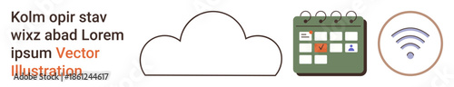 Technology, cloud computing, wireless connection, productivity tools, digital organization, internet services. Cloud icon, calendar and wireless symbol . Cloud computing and wireless connection